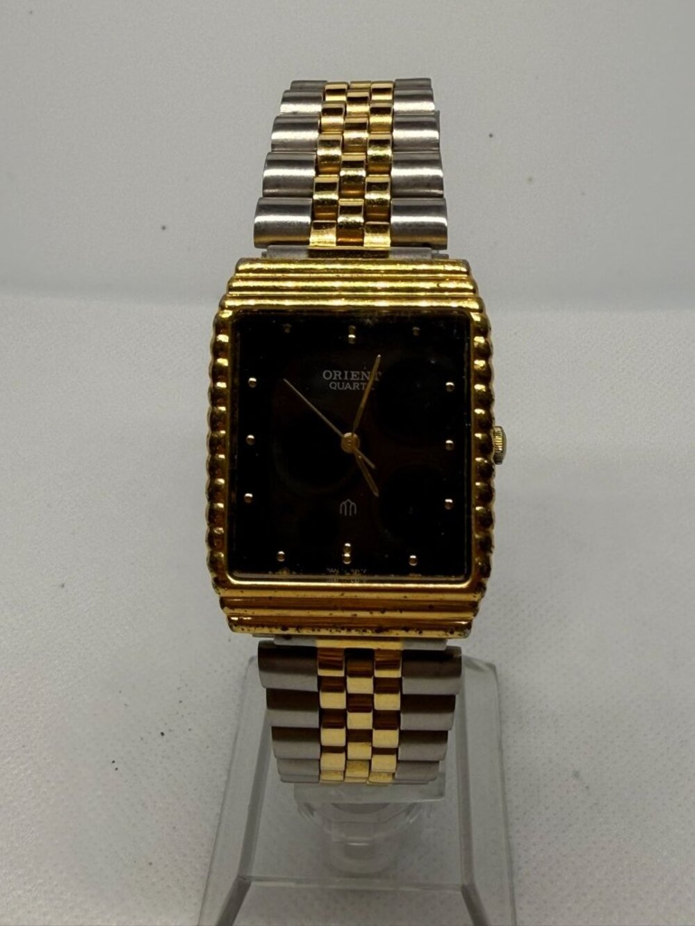 Vintage Orient 0S585F010 Quartz Tank Watch Gold Tone Rectangular Two Tone Band